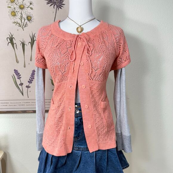 Vintage Open Knit Tie Front Cardigan Sweater Cottage Prairie Coastal Grandma L - Picture 2 of 7